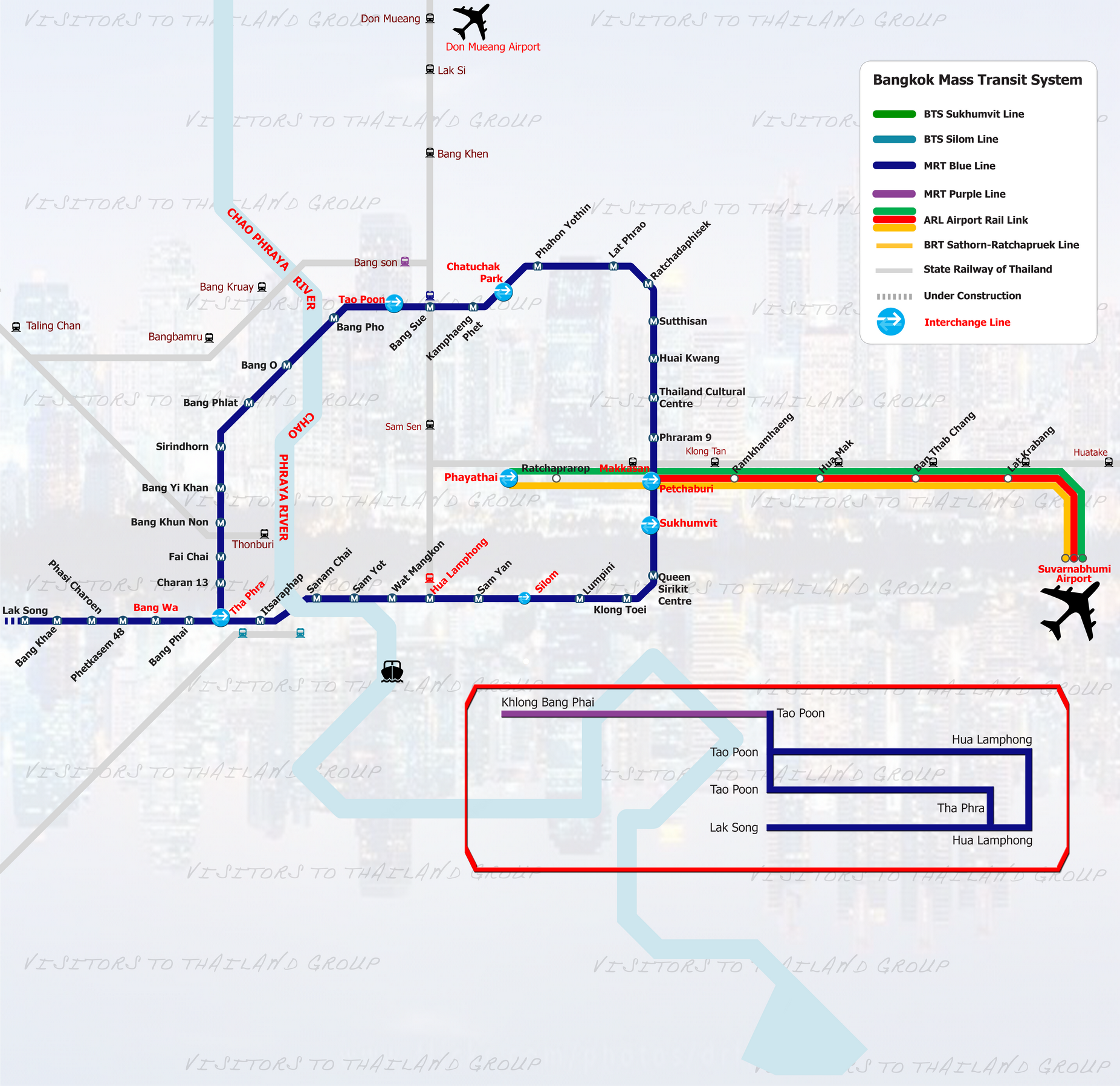 MRTA Blue Line, Airport Rail Link & State Railway of Thailand Map